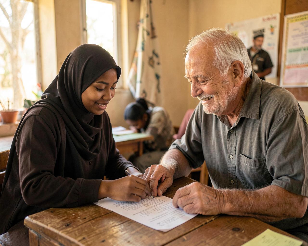 A support worker helping an older woman complete a form at a table in a community hall